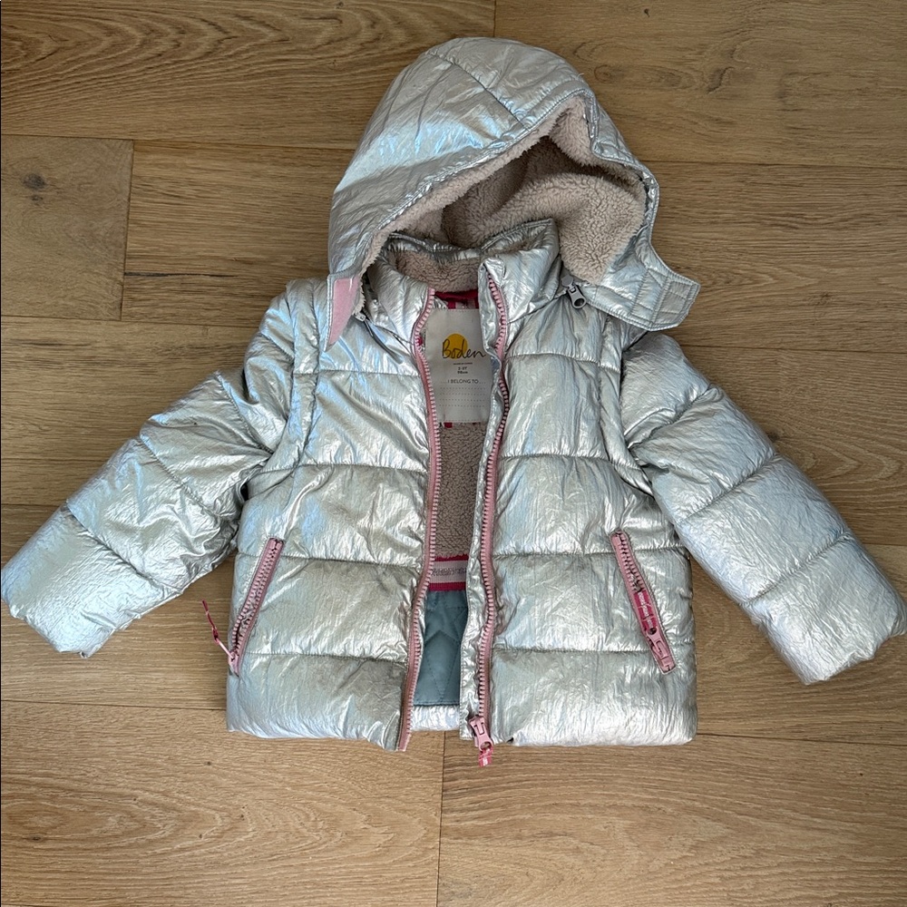 Biden Silver Hooded Puffer Jacket with Pink Accents